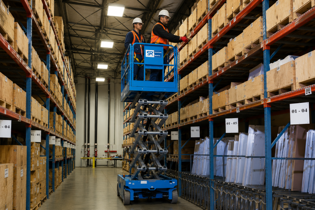 Plataforma tesoura elétrica facilita separação de materiais em centro de distribuição com segurança e eficiência.