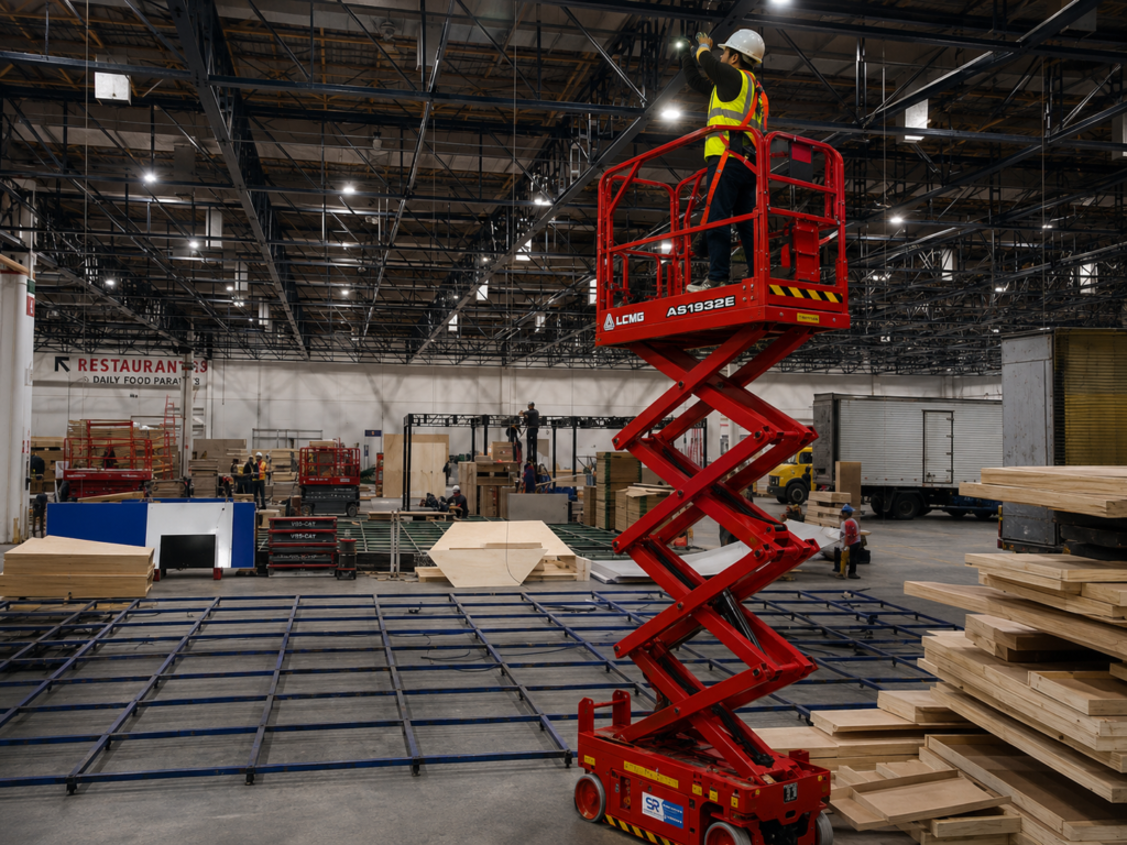 Trabalhador em plataforma tesoura realiza instalação em altura durante montagem de estrutura em pavilhão de eventos.