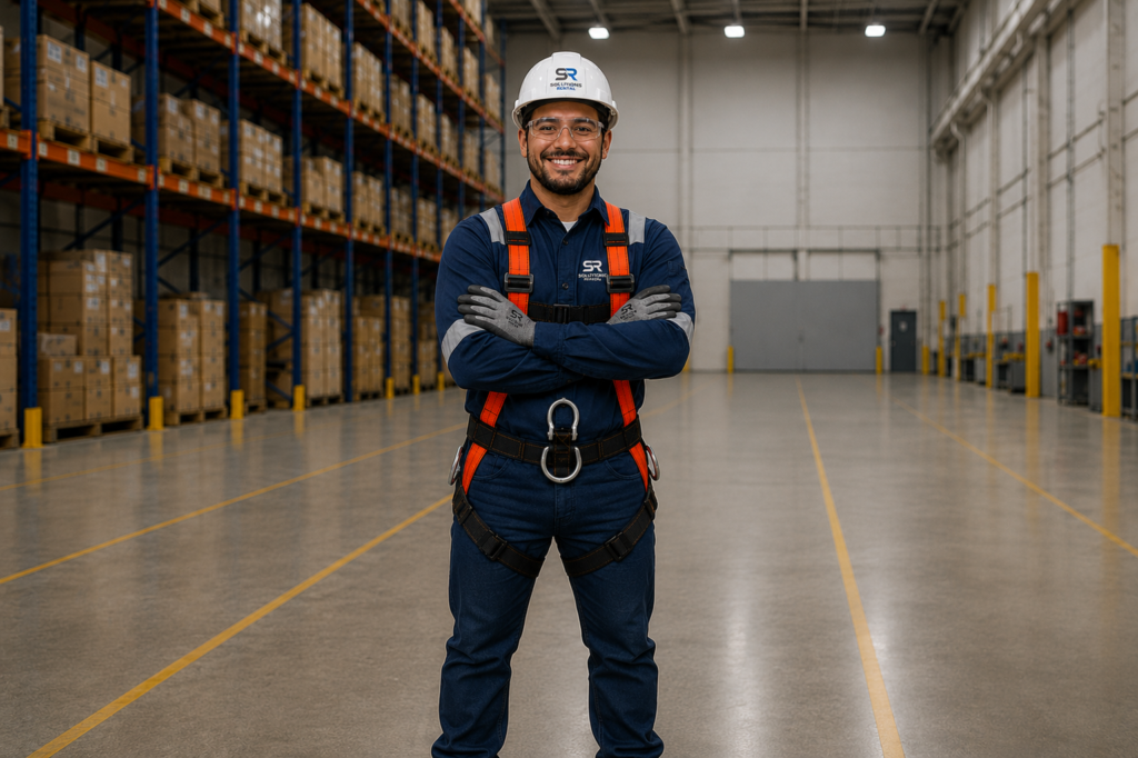 Operador treinado para trabalho em altura utilizando EPIs e sistema de proteção contra quedas.