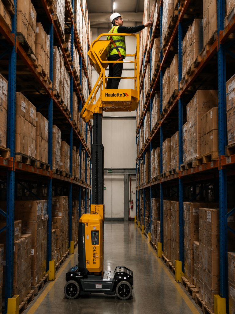 Operador utiliza plataforma vertical STAR 10 para alcançar produtos em corredor estreito de armazém.
