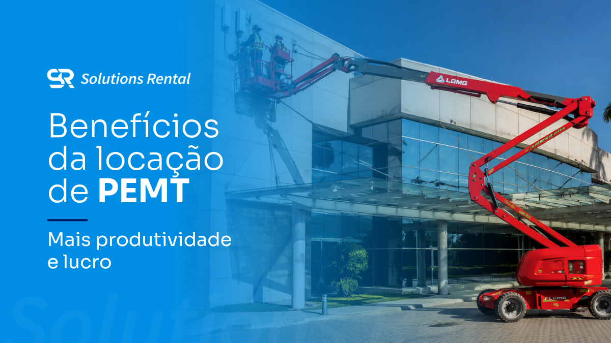Banner da Solutions Rental com plataforma elevatória móvel de trabalho (PEMT) articulada vermelha sendo utilizada na manutenção da fachada de um edifício comercial. Texto na imagem: "Benefícios da locação de PEMT. Mais produtividade e lucro."