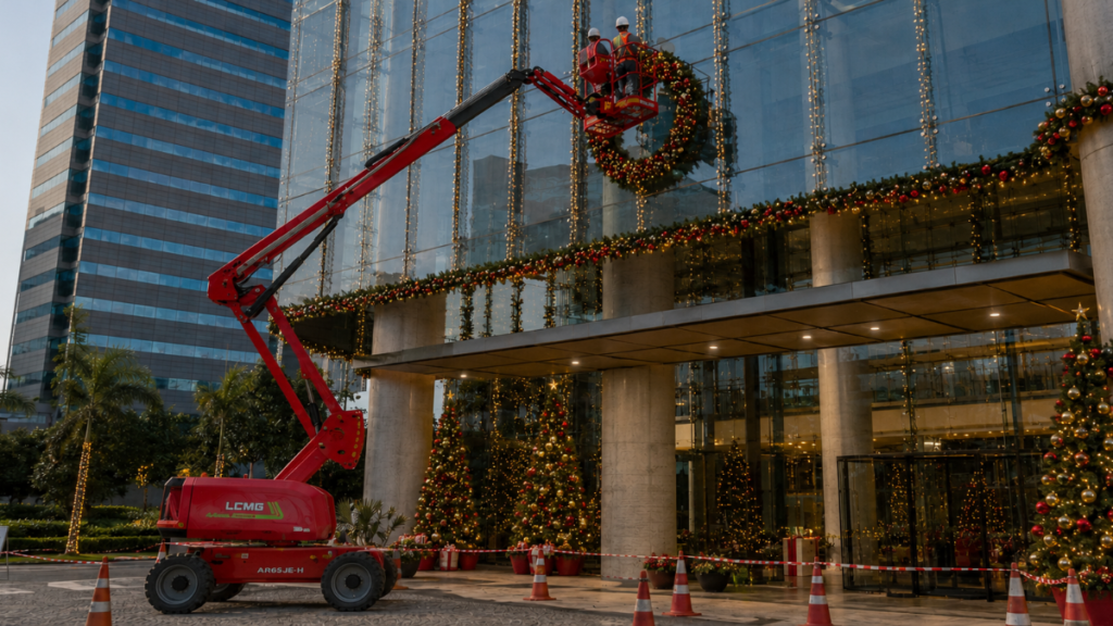 Plataforma articulada posiciona equipe para instalar guirlanda e iluminação natalina na fachada de um edifício.