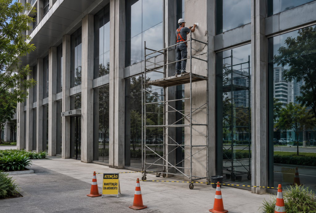 Trabalhador realiza manutenção em fachada utilizando andaime metálico