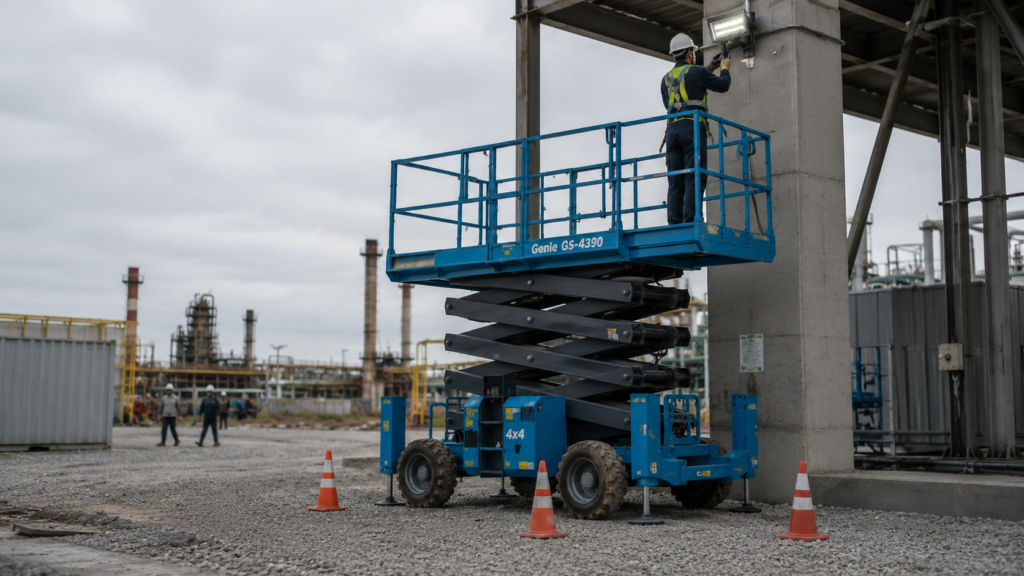Plataforma tesoura todo-terreno é utilizada para manutenção em estrutura industrial por trabalhador com EPI.