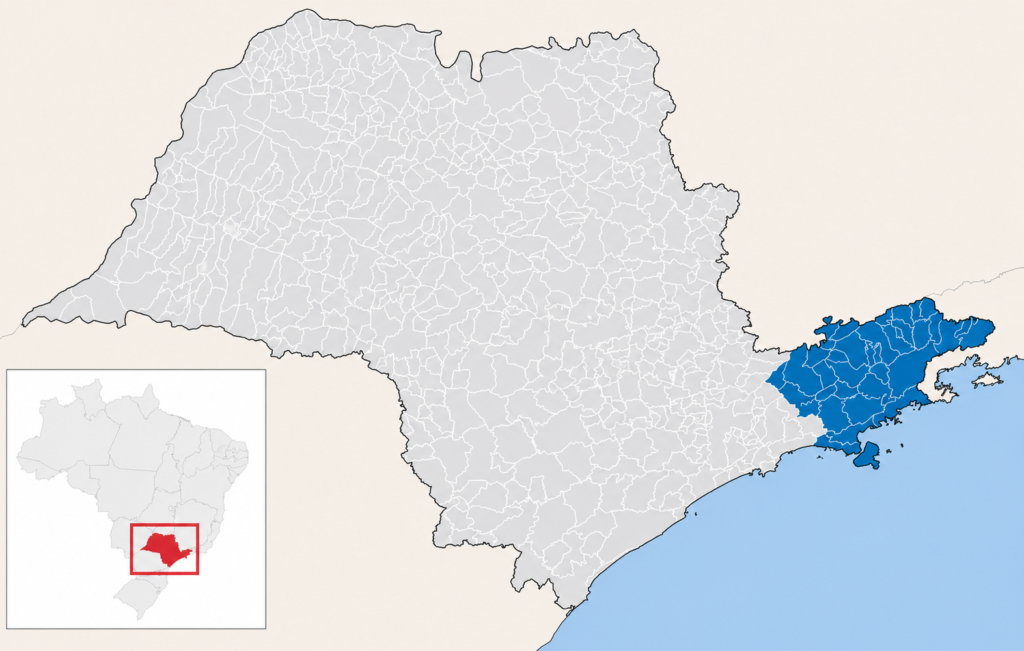 Mapa do estado de São Paulo destaca a região do Vale do Paraíba em azul e sua localização no Brasil.