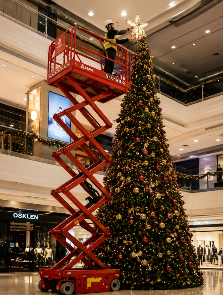 Plataforma tesoura elétrica eleva trabalhador para instalar estrela no topo de árvore de Natal em shopping.