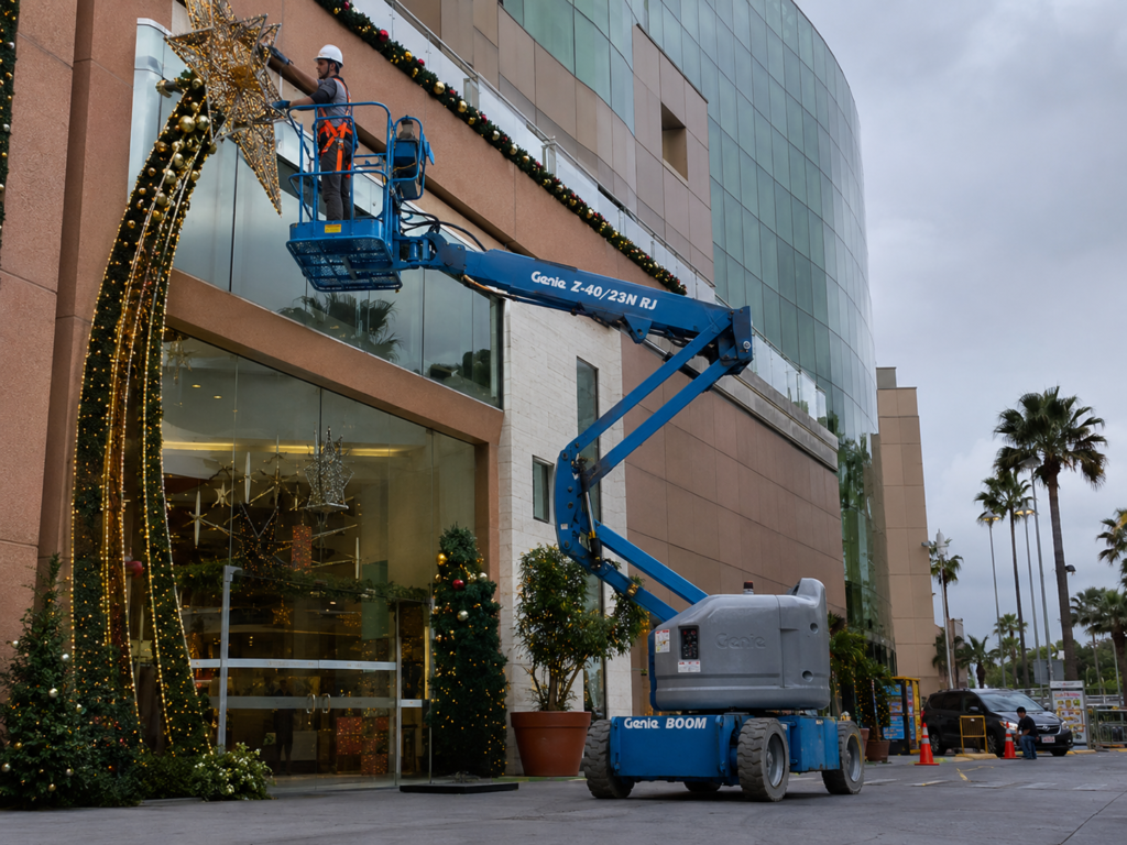 Plataforma articulada eleva trabalhador para instalar estrela e decoração de Natal na fachada de um shopping.
