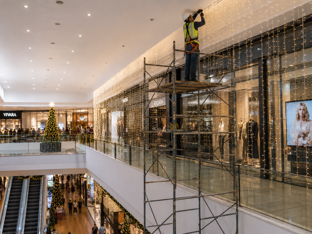 Trabalhador instala cortinas de luzes natalinas em shopping utilizando andaime metálico e equipamentos de segurança.