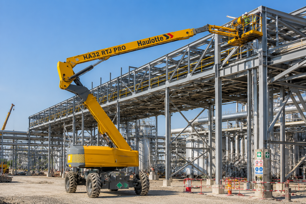 Plataforma articulada amarela eleva trabalhador para montagem e manutenção de estrutura metálica em obra industrial.