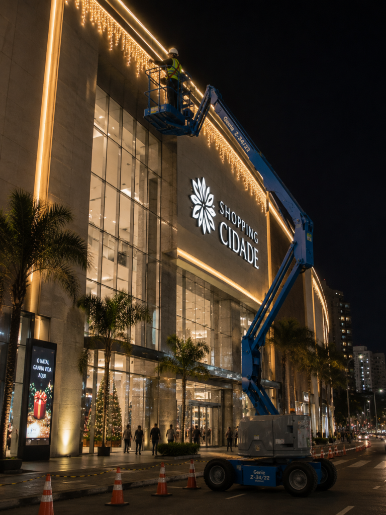 Operador em plataforma articulada instala luzes de Natal na fachada iluminada de um shopping à noite.