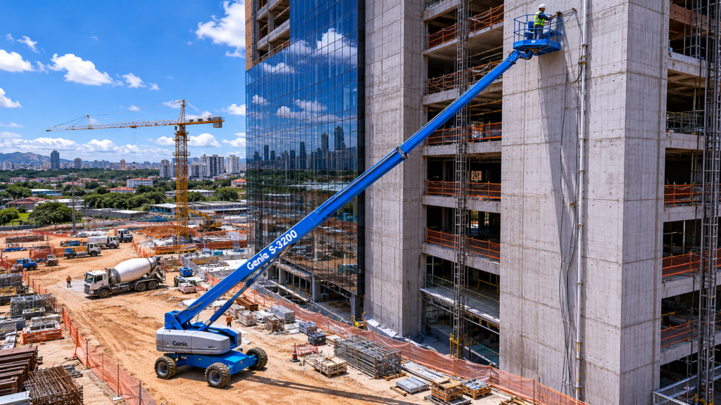 Plataforma articulada azul permite trabalho em altura na fachada de um edifício em construção.