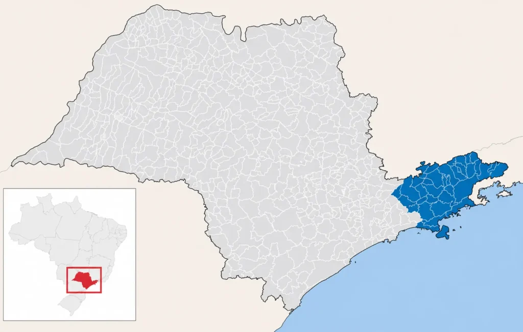 Mapa do estado de São Paulo destaca a região do Vale do Paraíba em azul e sua localização no Brasil.