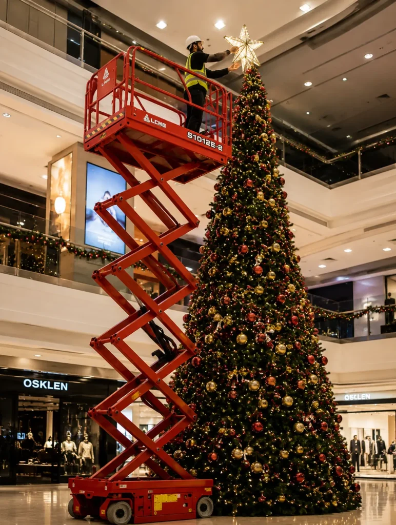 Plataforma tesoura elétrica eleva trabalhador para instalar estrela no topo de árvore de Natal em shopping.